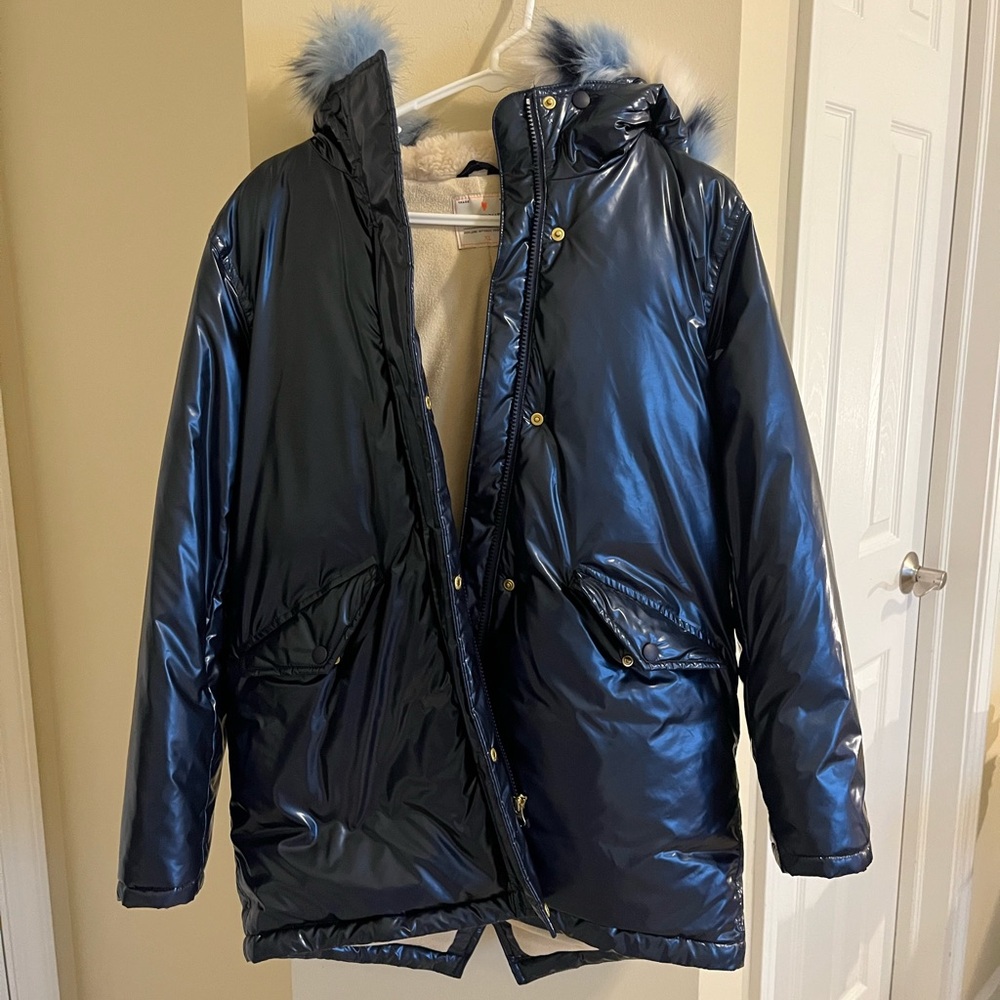 J. Crew Shiny Blue Puffer Coat with Blue Faux Fur Hood
